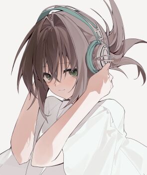 1girl :3 absurdres brown_hair capelet collared_shirt folded_ponytail green_eyes hair_between_eyes hair_intakes hands_on_headphones hands_up headphones highres looking_at_viewer medium_hair shirt simple_background solo subarashiki_hibi tachibana_kimika upper_body visinss white_background white_capelet white_shirt