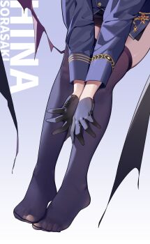 1girl black_coat black_gloves black_thighhighs blue_archive character_name chinese_commentary coat commentary_request demon_girl demon_wings gloves highres hina_(blue_archive) long_sleeves low_wings lower_body painterliuhao solo thighhighs toes wings