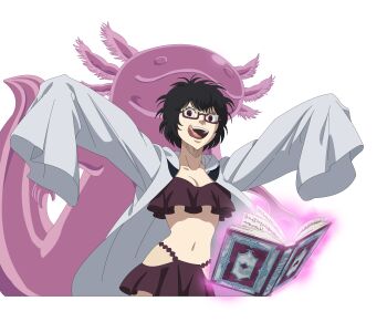 1girl absurdres axolotl black_clover black_clover_m:_rise_of_the_wizard_king black_hair book breasts brown_eyes brown_skirt cleavage coat glasses grimoire highres lab_coat looking_at_viewer navel non-web_source official_art open_book open_clothes open_coat open_mouth sally_(black_clover) short_hair simple_background skirt sleeves_past_fingers sleeves_past_wrists solo teeth tongue tongue_out transparent_background upper_teeth_only white_coat
