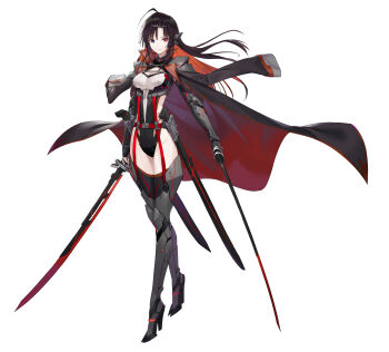 1girl absurdres black_hair black_jacket black_leotard blue_eyes borrowed_character breasts commentary_request commission dual_wielding full_body heterochromia high_heels highleg highleg_leotard highres holding holding_sword holding_weapon jacket jacket_on_shoulders leg_armor leotard long_hair medium_breasts multicolored_leotard mytea_(soso) original red_eyes sheath simple_background skeb_commission solo sword vambraces weapon white_background white_leotard