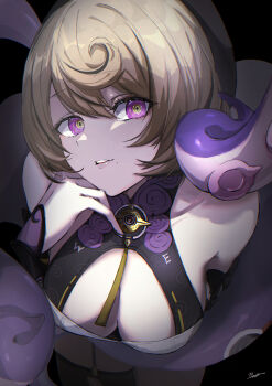 1girl 99noe_honoka absurdres accessories bare_shoulders beret black_background black_hat blonde_hair breasts cleavage commentary_request detached_sleeves garter_straps hair_between_eyes hat highres large_breasts looking_at_viewer mole mole_under_mouth monster_girl open_mouth purple_eyes scylla shirt short_hair signature single_garter_strap single_thighhigh solo suction_cups tentacle_girl tentacle_tail tentacles thighhighs upper_body white_shirt white_sleeves yidhari_murphy zenless_zone_zero