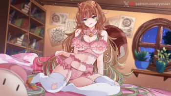 Rule 34 | 1girl, absurdres, alternate costume, animal ears, ayunda risu, ayunda risu (goddess), bare shoulders, bedroom, blurry, blurry background, bookshelf, bra, brown hair, clothes pull, commentary, cupless bra, cyanzan, earrings, flower, frilled bra, frilled garter belt, frills, garter belt, garter straps, green eyes, green hair, hair flower, hair ornament, hairpin, highres, hololive, hololive indonesia, indoors, jewelry, knee cutout, lace collar, light particles, lingerie, long hair, looking at viewer, multicolored hair, navel, no shoes, official alternate hairstyle, panties, patreon logo, patreon username, pillow, pink bra, pink panties, plant, potted plant, sitting, smile, solo, squirrel ears, squirrel girl, squirrel tail, streaked hair, stuffed toy, tail, thighhighs, twitter logo, underwear, very long hair, virtual youtuber, white thighhighs, window, yokozuwari