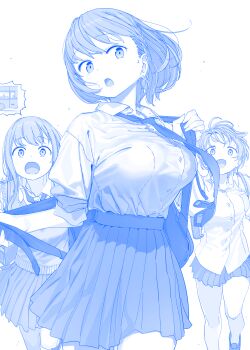 3girls ai-chan's_sister_(tawawa) ai-chan_(tawawa) backpack bag blue_theme braid breasts bus collared_shirt commentary_request getsuyoubi_no_tawawa highres himura_kiseki large_breasts monochrome motor_vehicle multiple_girls necktie open_mouth pleated_skirt running school_uniform shirt shirt_tucked_in short_hair simple_background skirt sweater_vest thick_eyebrows thighs volley-bu-chan_(tawawa) white_background