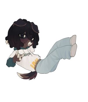 1boy belt black_eyes black_fur black_hair brown_fur chibi chibi_only denim dog dog_boy dreadlocks earrings face_piercing furry furry_male gold_ring highres hood hoodie jeans jewelry mari_(maril33)_(dog) non-web_source nose_piercing original pants piercing poohooyoohoo ring rock shoes white_fur white_shoes