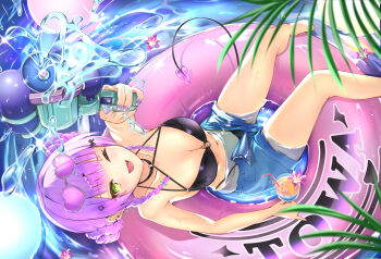 1girl afloat bare_shoulders bikini bikini_bottom_under_shorts bikini_under_clothes black_bikini blue_shorts braid breasts character_name cup double_bun drink ear_piercing eyewear_on_head fang green_eyes hair_bun heart heart-shaped_eyewear highres holding holding_cup holding_drink holding_water_gun hololive innertube looking_at_viewer multicolored_hair navel o-ring o-ring_bikini o-ring_top one_eye_closed piercing pink_hair purple_hair shorts solo stomach swim_ring swimsuit syukuri_works tokoyami_towa twin_braids virtual_youtuber water water_gun
