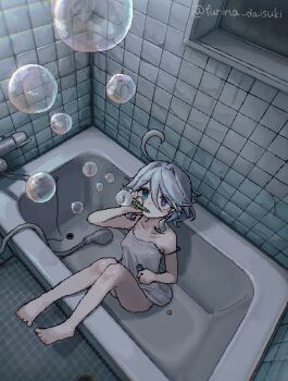 1girl ahoge bare_arms bare_legs bare_shoulders barefoot bathroom bathtub blowing_bubbles blue_eyes bottomless bubble camisole collarbone commentary empty_bathtub feet from_above full_body furina_(genshin_impact) furina_daisuki genshin_impact hair_between_eyes hair_intakes heterochromia highres in_bathtub indoors knees legs_up looking_up pixel_art purple_eyes short_hair shower_head single_off_shoulder sitting solo tile_floor tile_wall tiles twitter_username white_camisole white_hair window
