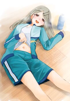1girl bottle breath colored_eyelashes commentary_request gakuen_idolmaster green_shorts grey_hair hair_spread_out highres idolmaster indoors jacket kugui_yona long_hair looking_at_viewer lying navel on_back on_floor orange_eyes shinosawa_hiro shirt shorts solo stomach sweat track_jacket white_shirt