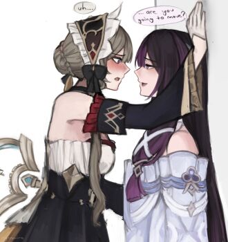 2girls bare_shoulders black_dress black_hair blue_eyes blush braid braided_bun columbina_(genshin_impact) commentary detached_sleeves dress english_commentary english_text eye_contact genshin_impact gloves grey_hair hair_bun kabedon looking_at_another multiple_girls off-shoulder_dress off_shoulder open_mouth purple_eyes purple_streaks reyeomi sandrone_(genshin_impact) simple_background speech_bubble white_background white_dress white_gloves winding_key yuri