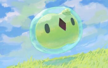 Rule 34 | black eyes, blue sky, cloud, cloudy sky, colored skin, diamond mouth, floating, gen 5 pokemon, grass, green skin, hashtag-only commentary, highres, nintendo, no humans, open mouth, pokemon, pokemon (creature), sakuraiisui, sky, solid oval eyes, solosis
