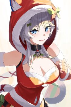1girl absurdres alternate_costume anima_miko animal_ear_fluff blue_eyes breasts cat_girl choker christmas cipher_(honkai:_star_rail) cleavage commentary_request detached_sleeves fang fingerless_gloves gloves grey_hair highres honkai:_star_rail honkai_(series) large_breasts leotard skin_fang