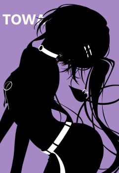 1girl bell cowbell cowboy_shot demon_girl demon_tail highres hololive ipod_ad long_hair nanaki24 purple_background silhouette sitting solo tail tokoyami_towa twintails virtual_youtuber