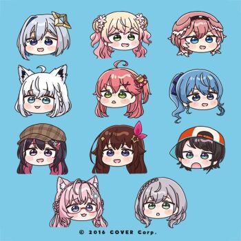 Rule 34 | 6+girls, :<, :d, ahoge, amane kanata, animal ear fluff, animal ears, azki (hololive), baseball cap, black hair, blonde hair, blue background, blue eyes, blue hair, blush stickers, braid, brown hair, brown hat, chibi, commentary request, double bun, fox ears, glasses, gradient hair, green eyes, grey hair, hair bun, hakui koyori, hat, head only, head wings, hololive, hoshimachi suisei, mochimiko, momosuzu nene, multicolored hair, multiple girls, newsboy cap, official art, oozora subaru, open mouth, pink hair, pink wings, plaid hat, purple eyes, red-framed eyewear, sakura miko, semi-rimless eyewear, shirakami fubuki, shirogane noel, sideways hat, simple background, smile, takane lui, tokino sora, two-tone hair, under-rim eyewear, virtual youtuber, wings