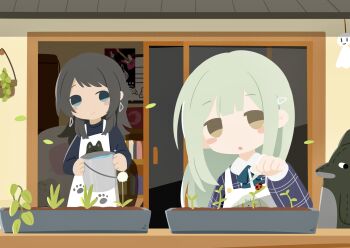 2girls :o absurdres apartment apron balcony bang_dream! black_hair blue_eyes blush_stickers bug commentary_request earrings falling_leaves gardening green_hair highres insect jewelry kino_(kino01xyz) ladybug leaf light_smile long_sleeves looking_at_viewer multiple_girls no_lineart paw_print paw_print_pattern plant potted_plant ribbon sprout upper_body wakaba_mutsumi white_apron wolf_cut yahata_umiri yellow_eyes