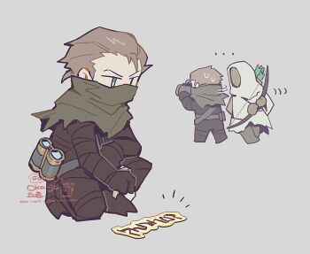 ... 1boy 1other bashful_ray bearer_of_the_curse binoculars black_bodysuit black_gloves blue_eyes bodysuit bow_(weapon) brown_hair commentary dark_souls_(series) dark_souls_ii english_commentary full_body gloves grey_background holding holding_bow_(weapon) holding_weapon mask mouth_mask ninja_mask okajamira simple_background solo_focus squatting summon_sign weapon