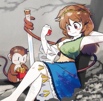 1girl apple arm_behind_head arm_up bare_shoulders blush breasts brown_hair crop_top dress food french_fries fruit hair_ornament holding holding_food holding_fruit holding_staff in_tree light_smile long_sleeves medium_breasts mirae_somang monkey monkey_tail outdoors red_eyes short_hair single-shoulder_dress single_strap sitting sitting_in_tree smile solo son_biten staff tail test_tube tiara touhou tree twintails unfinished_dream_of_all_living_ghost weapon