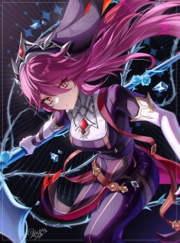 1girl alternate_hair_length alternate_hairstyle breasts commentary_request cowboy_shot elbow_gloves floating_hair flower genshin_impact gloves hair_between_eyes highres holding holding_weapon long_hair looking_at_viewer medium_breasts morocha1130 nun official_alternate_costume purple_hair red_eyes rosaria_(genshin_impact) rosaria_(to_the_church's_free_spirit)_(genshin_impact) rose solo thorns veil weapon white_gloves