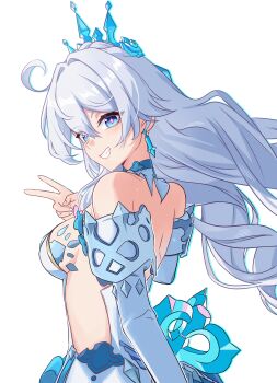 1girl absurdres bare_shoulders blue_eyes blue_tiara breasts detached_sleeves diamond-shaped_pupils diamond_(shape) dress earrings grey_hair grin hair_between_eyes hand_up highres honkai_(series) honkai_impact_3rd jewelry kiana_kaslana kiana_kaslana_(ba-dum!_fiery_wishing_star) kiana_kaslana_(wintery_wishes) li_shijin long_hair looking_at_viewer looking_to_the_side medium_breasts nail_polish official_alternate_costume purple_pupils sideless_dress simple_background smile solo symbol-shaped_pupils upper_body v white_background white_dress white_nails