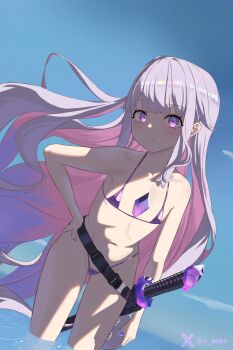 1girl absurdres bikini blue_sky closed_mouth colored_inner_hair day flat_chest gradient_hair grey_hair highres hololive hololive_english katana koseki_bijou looking_at_another micro_bikini multicolored_hair navel ocean outdoors pebble_(koseki_bijou) pink_hair purple_bikini purple_eyes purple_hair s_aeho sky solo swimsuit sword tomato_(sword) virtual_youtuber wading weapon