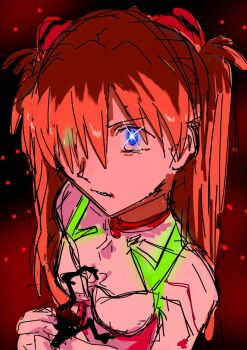 1girl artist_request blue_eyes bodysuit breasts brown_hair evangelion:_3.0+1.0_thrice_upon_a_time eyepatch glowing glowing_eye highres interface_headset_(evangelion) long_hair looking_at_viewer mecha_pilot_suit neon_genesis_evangelion plugsuit_(evangelion) rebuild_of_evangelion red_background simple_background solo souryuu_asuka_langley standing unworn_eyepatch white_bodysuit