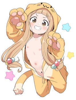 1girl :d animal_costume animal_ears animal_hands animal_hood arched_bangs arms_up bar_censor blob_(google) blobcat blobcat_(cosplay) blush brown_eyes brown_hair cat_costume cat_ears cat_hood cat_tail censored cleft_of_venus collarbone cosplay dot_nose fake_animal_ears fake_tail female_focus full_body functionally_nude grin hair_bobbles hair_ornament hair_scrunchie highres hood hood_up ichihara_nina idolmaster idolmaster_cinderella_girls idolmaster_cinderella_girls_u149 kanabun kigurumi kneeling loli long_hair looking_at_viewer naked_kigurumi naked_onesie navel nipples onesie open_clothes open_mouth open_pajamas pajamas paw_print pussy ribs scrunchie simple_background smile solo star_(symbol) star_symbol_background tail unzipped v-shaped_eyebrows variant_set whiskers white_background yellow_pajamas yellow_scrunchie zipper