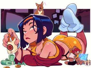 Rule 34 | 2025, 2girls, artist name, banknote, bare shoulders, black shorts, blue eyes, blue hair, breasts, cigarette, cigarette pack, cleavage, coin, corgi, cowboy bebop, cowboy bebop (netflix), crt, dog, edward wong hau pepelu tivrusky iv, ein (cowboy bebop), faye valentine, full body, headphones, high heels, highres, holographic monitor, jacket, lipstick, looking up, lying, makeup, midriff, money, multiple girls, on stomach, red hair, red jacket, red lips, shoes, short hair, shorts, size difference, sleeveless, speedoru, thighhighs, white shoes, wide-eyed, yellow shorts