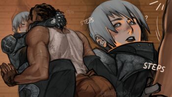 2boys ? ^^^ absurdres against_wall armor arms_around_neck ass black_hair black_lips black_sclera closed_eyes colored_sclera commentary dark-skinned_male dark_skin dirty dirty_face dreadlocks english_commentary english_text glowing_hot grey_eyes grey_hair highres kiss legs_up male_focus minecraft multiple_boys multiple_scars muscular muscular_male parted_lips pauldrons ponytail scar scar_on_arm shoulder_armor smoke soot tank_top unatalmeh white_tank_top yaoi