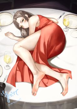 1girl absurdres barefoot blush brown_hair champagne_flute cup dress drinking_glass feet highres long_hair looking_at_viewer lying maburoku on_side on_table plate soles table toes yellow_eyes