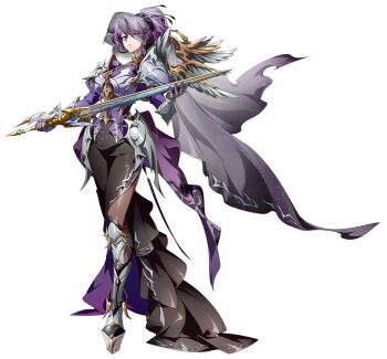 1girl armor armored_boots black_skirt black_veil boots breastplate breasts brown_pantyhose cape closed_mouth collar crossed_legs curtained_hair faulds floating_clothes floating_veil frilled_collar frills full_body funeral_veil game_cg hair_ornament hair_tie high_ponytail highres holding holding_sword holding_weapon juliet_sleeves knight langrisser langrisser_mobile large_breasts light_frown long_hair long_skirt long_sleeves looking_at_viewer mole official_art pantyhose pauldrons ponytail puffy_sleeves purple_cape purple_eyes purple_shirt second-party_source serious shirt shoulder_armor side_slit silver_trim simple_background skirt solo standing sword tabres_(langrisser) tachi-e transparent_background vambraces veil very_long_veil waist_cape weapon wing_hair_ornament