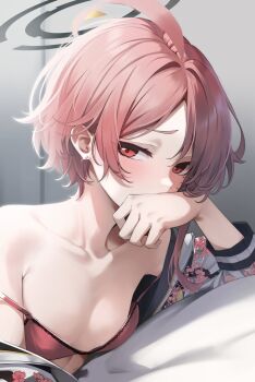 Rule 34 | 1girl, ahoge, blue archive, blush, bra, breasts, covering own mouth, halo, hand over own mouth, jacket, koisuke, mole, mole under eye, neru (blue archive), off-shoulder, open clothes, open jacket, orange hair, red eyes, short hair, small breasts, solo, sukajan, underwear