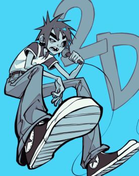 Rule 34 | 1boy, belt, belt buckle, black sclera, blue background, buckle, character name, collared shirt, colored sclera, elbow rest, full body, goleum7, gorillaz, greyscale with colored background, hashtag-only commentary, holding, holding microphone, looking at viewer, male focus, microphone, missing tooth, pants, shirt, shoes, short hair, short sleeves, sitting, solo, spiked hair, stuart pot, t-shirt, teeth, uneven eyes