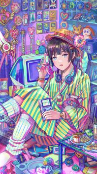 1boy absurdly_detailed_composition absurdres apple_inc. axis_powers_hetalia ay@se beyblade beyblade_(object) bishoujo_senshi_sailor_moon brooch card cardcaptor_sakura cassette_tape cd cd_case cellphone cellphone_charm character_charm charizard charm_(object) colorful commentary_request computer controller copyright_request crisis_moon_compact crystal_star_(sailor_moon) dark_magician_girl digital_media_player dualshock duel_masters fidget_spinner flip_phone floppy_disk furby fuuin_no_tsue game_boy game_boy_color game_console game_controller gamecube gamepad gen_1_pokemon hamtaro hamtaro_(series) handheld_game_console hasbro heart heart_brooch heisei heisei_retro highres holding holding_handheld_game_console holding_phone imac indoors ipod ipod_nano ipod_nano_5g japan_(hetalia) jewelry lillie_(pokemon) loaded_interior male_focus merchandise mirumo mirumo_de_pon! monitor moon_stick_(sailor_moon) nintendo nintendo_3ds object_request ojamajo_doremi otaku otaku_room phone pikachu playstation_1 playstation_controller playstation_portable pocket_pikachu pokemon pokemon_sm pokemon_tcg precure sitting slinky solo sony spiral_heart_moon_rod star_brooch super_famicom_gamepad super_nintendo tamagotchi tamagotchi_(classic) tamagotchi_(virtual_pet) toy trading_card virtual_pet_(toy) wand waterful_ring-toss wii wii_remote yu-gi-oh!