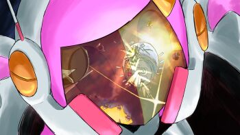 1girl absurdres bolt_(hardware) commentary_request hair_ornament hairclip halberd_(airship) highres imminent_explosion kirby:_planet_robobot kirby_(series) mbepulndaqw nintendo pink_hair planet_popstar reflection reflection_focus space star_dream susie_(kirby)