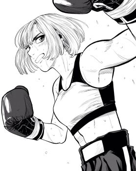 1girl armpits boxing boxing_gloves boxing_shorts breasts commentary_request flying_sweatdrops greyscale hatching_(texture) highres lee_(dragon_garou) linea_alba medium_breasts midriff monochrome mouth_guard original profile punching short_hair shorts solo sweat upper_body very_sweaty