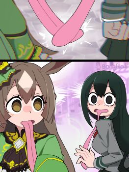 2girls absurdres artist_name asui_tsuyu black_eyes black_hair boku_no_hero_academia bongftah brown_eyes brown_hair commentary crossover highres long_hair long_tongue looking_at_another looking_at_viewer multiple_girls satono_diamond_(natural_brilliance)_(umamusume) satono_diamond_(umamusume) school_uniform symbol-only_commentary tongue tongue_out umamusume very_long_tongue