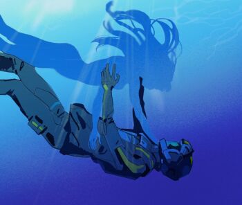 Rule 34 | 1boy, 1girl, breasts, clothed male nude female, falling, feet out of frame, gigi andalusia, gundam, gundam hathaway's flash, hathaway noa, helmet, hetero, long hair, mecha pilot suit, medium breasts, normal suit (gundam), nude, ohno3 3, outstretched arms, sketch, sunlight, swimming, underwater