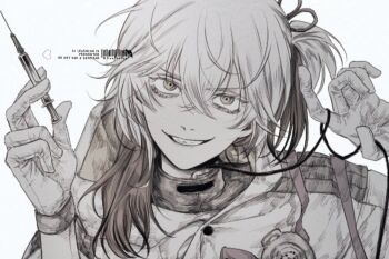 Rule 34 | 1other, coat, gloves, greyscale, grin, gyujik qzc, hands up, holding, holding syringe, looking at viewer, medicine pocket, medium hair, monochrome, multicolored hair, reverse:1999, smile, solo, syringe, upper body, v-shaped eyebrows, white background