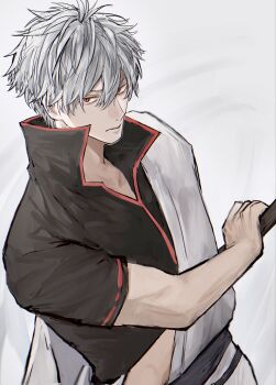 1boy absurdres arm_up black_shirt closed_mouth collared_shirt cowboy_shot double-parted_bangs dutch_angle gintama hadanugi_dousa hair_between_eyes hand_on_weapon highres j3z0_u looking_to_the_side male_focus open_collar open_kimono popped_collar red_eyes red_trim sakata_gintoki shirt short_hair sideways_glance solo sword weapon white_background white_hair wooden_sword