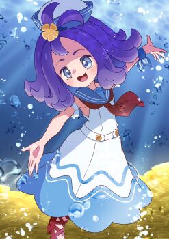Rule 34 | 1girl, :3, acerola (pokemon), acerola (summer 2024) (pokemon), air bubble, armband, blue sailor collar, bubble, coin, dress, flipped hair, flower, full body, glint, gold coin, hair flower, hair ornament, hat, highres, light blush, neckerchief, nintendo, official alternate costume, open mouth, outstretched arms, pile of money, pokemon, pokemon masters ex, purple eyes, purple hair, red neckerchief, refisa, ribbon, sailor, sailor collar, sailor hat, short hair, sleeveless, sleeveless dress, smile, spread arms, treasure, underwater, white armband, white dress, wrist ribbon, yellow flower
