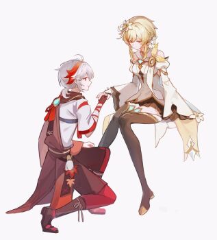 1boy 1girl bandaged_hand bandages bare_shoulders blonde_hair boots bow breasts brown_boots closed_mouth commentary detached_sleeves dress earrings english_commentary expressionless flower full_body genshin_impact hair_bow hair_flower hair_ornament hetero highres holding_hands hoxino invisible_chair japanese_clothes jewelry kaedehara_kazuha light_smile long_sleeves looking_at_another lumine_(as_heaven_and_earth_are_made_anew)_(genshin_impact) lumine_(genshin_impact) medium_breasts medium_hair official_alternate_costume on_one_knee ponytail red_eyes red_streaks scarf short_hair_with_long_locks simple_background single_earring sitting thigh_boots vision_(genshin_impact) white_background white_dress white_hair white_scarf wide_sleeves yellow_eyes