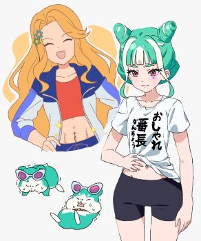 2girls :3 :d abs black_shorts blue_jacket blunt_bangs chimumu chimumu_(hamster) closed_eyes clothes_writing cone_hair_bun cowboy_shot creature_and_personification cropped_legs cropped_shirt dolldolldd double_bun exercising facing_viewer green_hair hair_bun hair_ornament hamster hand_on_own_hip highres jacket long_hair long_sleeves looking_down midriff multicolored_hair multiple_girls multiple_views open_clothes open_jacket open_mouth orange_hair personification pink_eyes pretty_series red_shirt shirt short_hair short_shorts short_sleeves shorts sidelocks simple_background smile sparkle star_(symbol) star_hair_ornament streaked_hair sweatdrop t-shirt waccha_primagi! white_background white_hair white_shirt yayoi_hina