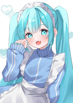 absurdres apron aqua_eyes aqua_hair aqua_nails blue_jacket blush frilled_apron frilled_hairband frills hair_between_eyes hair_ornament hairband hatsune_miku highres jacket long_hair long_sleeves looking_at_viewer maid_apron mokoinu_(pixiv_27216243) open_mouth simple_background sleeves_past_wrists smile track_jacket twintails very_long_hair vocaloid white_apron white_background