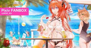 5girls alternate_costume animal_ears arknights arms_up bare_shoulders bikini black_bikini black_one-piece_swimsuit blonde_hair blue_sky blush bottle breasts brown_hair cat_ears cat_girl cat_tail ceobe_(arknights) character_request check_character cloud cloudy_sky commentary_request cowboy_shot criss-cross_halter day demon_horns dog_ears dog_girl dog_tail eyjafjalla_(arknights) eyjafjalla_(summer_flower)_(arknights) food from_behind green_eyes hair_between_eyes halterneck holding holding_bottle holding_cherry horns ice_cream ifrit_(arknights) innertube long_hair looking_at_viewer medium_hair mousse_(arknights) multiple_girls multiple_tails ocean official_alternate_costume one-piece_swimsuit open_mouth outdoors parfait partially_submerged playing purple_eyes red_hair red_nails short_hair side-tie_bikini_bottom sitting sky standing surtr_(arknights) surtr_(colorful_wonderland)_(arknights) swim_ring swimsuit tail twitter_username two_tails yokaze_(yokajie)