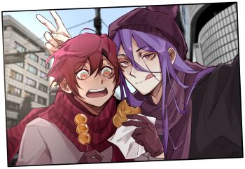 Rule 34 | 2boys, beanie, bishounen, border, brown shawl, commentary, dango, english commentary, eyelashes, first stage production, food, gigglepox, gloves, hair between eyes, hat, highres, holding, holding food, holostars, holostars english, jacket, licking lips, long hair, long sleeves, looking at viewer, machina x flayon, male focus, multiple boys, open mouth, orange eyes, outdoors, photo background, pom pom (clothes), pom pom beanie, purple hair, red hair, red scarf, scarf, shawl, shiki katagami, short hair, smile, tongue, tongue out, upper body, v, v over head, virtual youtuber, wagashi, wide-eyed