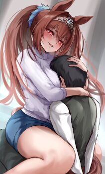 1boy 1girl animal_ears bad_source between_breasts black_hair black_vest blue_skirt blush breasts brown_hair brown_tail evil_smile face_between_breasts face_to_breasts fang girl_on_top hair_between_eyes hair_intakes head_between_breasts highres horse_ears horse_girl horse_tail hug large_breasts long_hair long_sleeves miniskirt open_mouth partially_shaded_face red_eyes satono_diamond_(umamusume) sg_(esujii) shirt skin_fang skirt slit_pupils smile tail thighs tiara twintails umamusume v-shaped_eyebrows very_long_hair vest white_shirt