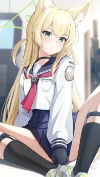 1girl absurdres animal_ears black_gloves blonde_hair blue_archive commentary_request flat_chest fox_ears fox_girl gloves green_eyes green_halo halo highres kuromiz kurumi_(blue_archive) long_hair school_uniform skirt solo