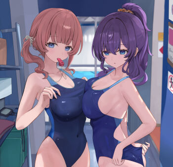 Rule 34 | 2girls, asahina mafuyu, blue eyes, breast press, breasts, brown hair, competition swimsuit, highres, large breasts, mochizuki honami, multiple girls, one-piece swimsuit, project sekai, purple hair, school swimsuit, swimsuit, usagi melon3, whistle