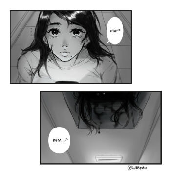 Rule 34 | 1girl, blood, blood on face, closed mouth, commentary, confused, english commentary, greyscale, horror (theme), kuraedo, long hair, looking up, mole, mole under mouth, monochrome, monster, nose, original, parted bangs, shirt, solo, tile floor, tiles