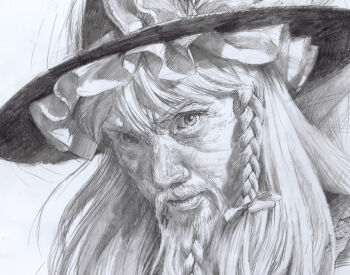 1boy beard braid braided_beard cho_marisa facial_hair genderswap genderswap_(ftm) hair_ribbon hat kirisame_marisa male_focus misawa_hiroshi monochrome mustache portrait realistic ribbon solo touhou traditional_media