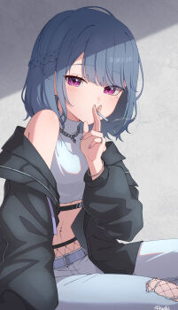 1girl absurdres akashi_(4kc_27) black_jacket blue_hair blue_pants blush cigarette closed_mouth commentary_request fishnet_pantyhose fishnets highres holding holding_cigarette jacket koshimizu_toru koshimizu_toru_(5th_costume) looking_at_viewer mole mole_under_eye nail_polish nijisanji official_alternate_costume pants pantyhose pink_nails purple_eyes shirt smoking solo torn_clothes torn_pants virtual_youtuber white_shirt