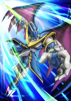 arm_blade armor blue_armor blue_background digimon digimon_(creature) dowa_d_715 dragon energy_sword full_body highres purple_wings solo sword ulforcev-dramon weapon wings